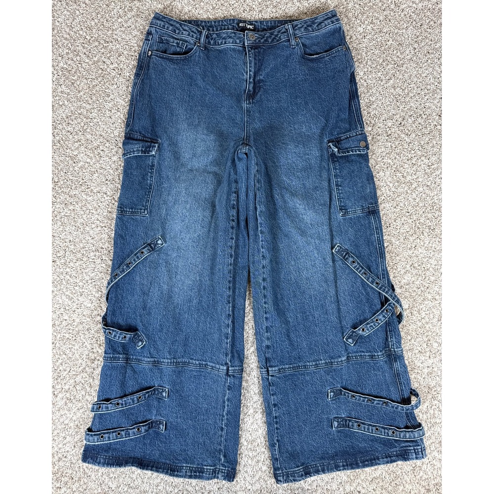 Hot Topic Jeans Women 16 Blue Cargo Grommet Strap Wide Leg Mall Goth Rave Skater